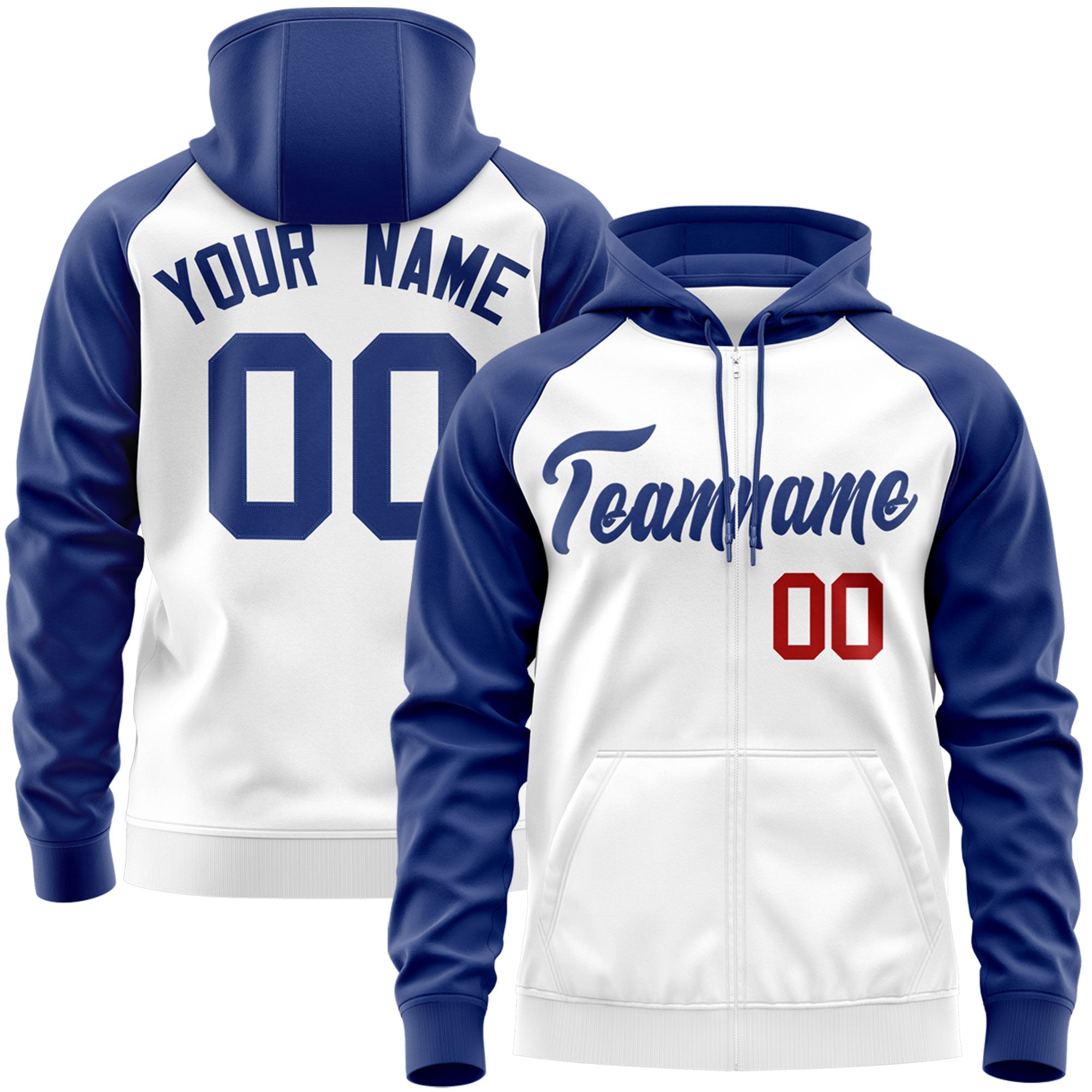 Custom Stitched White Royal Raglan Sleeves Sports Full-Zip Sweatshirt Hoodie| KXKSHOP