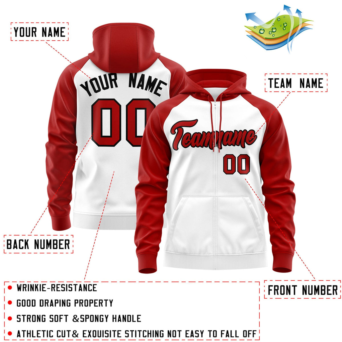 Custom Stitched White Red-Black Raglan Sleeves Sports Full-Zip Sweatshirt Hoodie| KXKSHOP