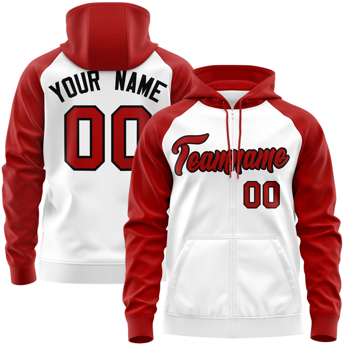 Custom Stitched White Red-Black Raglan Sleeves Sports Full-Zip Sweatshirt Hoodie| KXKSHOP