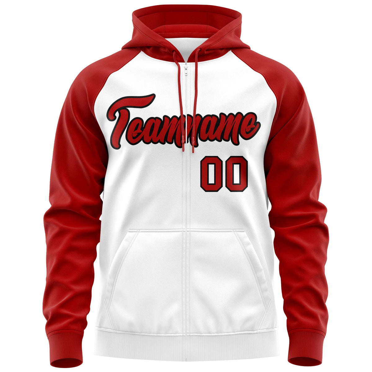 Custom Stitched White Red-Black Raglan Sleeves Sports Full-Zip Sweatshirt Hoodie| KXKSHOP