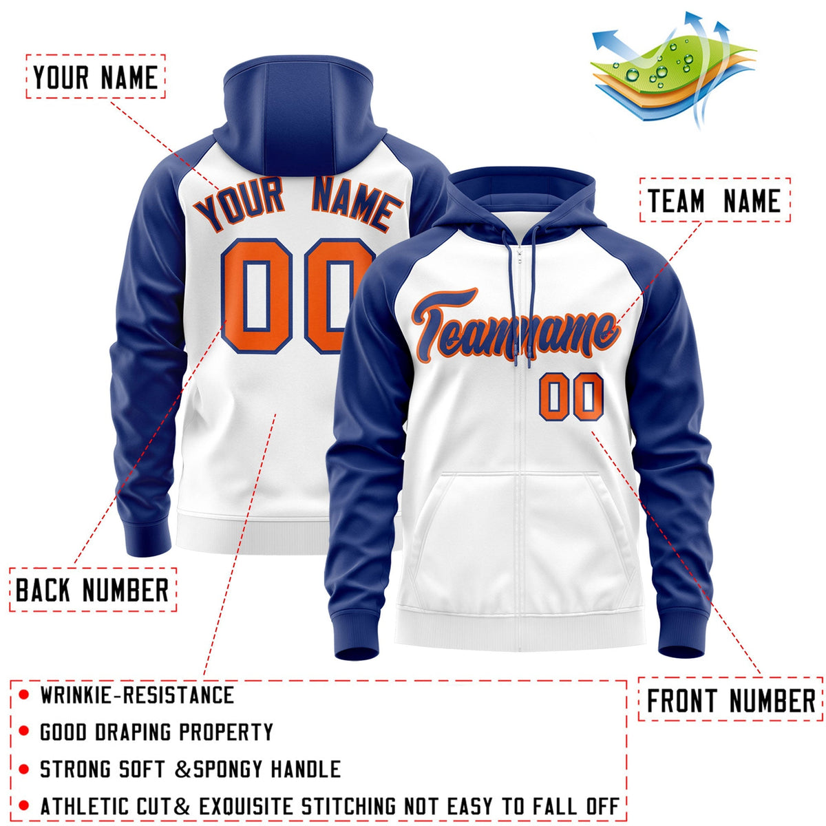 Custom Stitched White Royal-Orange Raglan Sleeves Sports Full-Zip Sweatshirt Hoodie| KXKSHOP