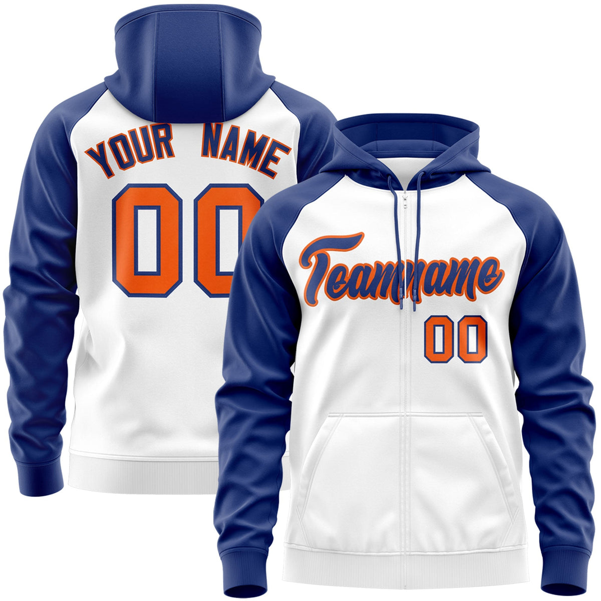 Custom Stitched White Royal-Orange Raglan Sleeves Sports Full-Zip Sweatshirt Hoodie| KXKSHOP