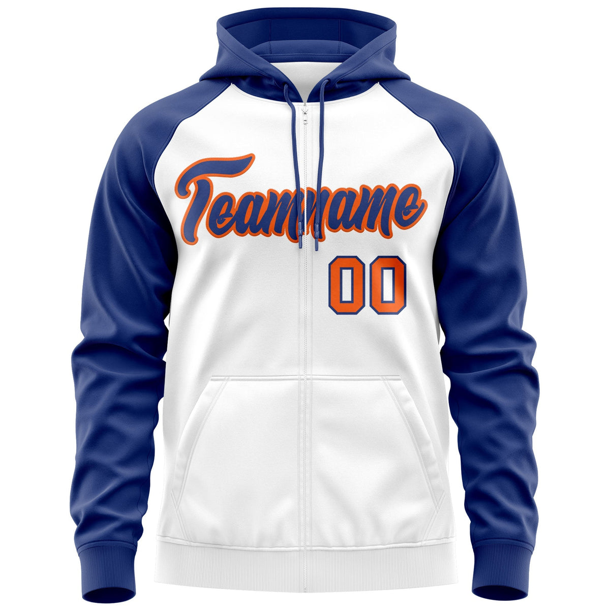 Custom Stitched White Royal-Orange Raglan Sleeves Sports Full-Zip Sweatshirt Hoodie| KXKSHOP