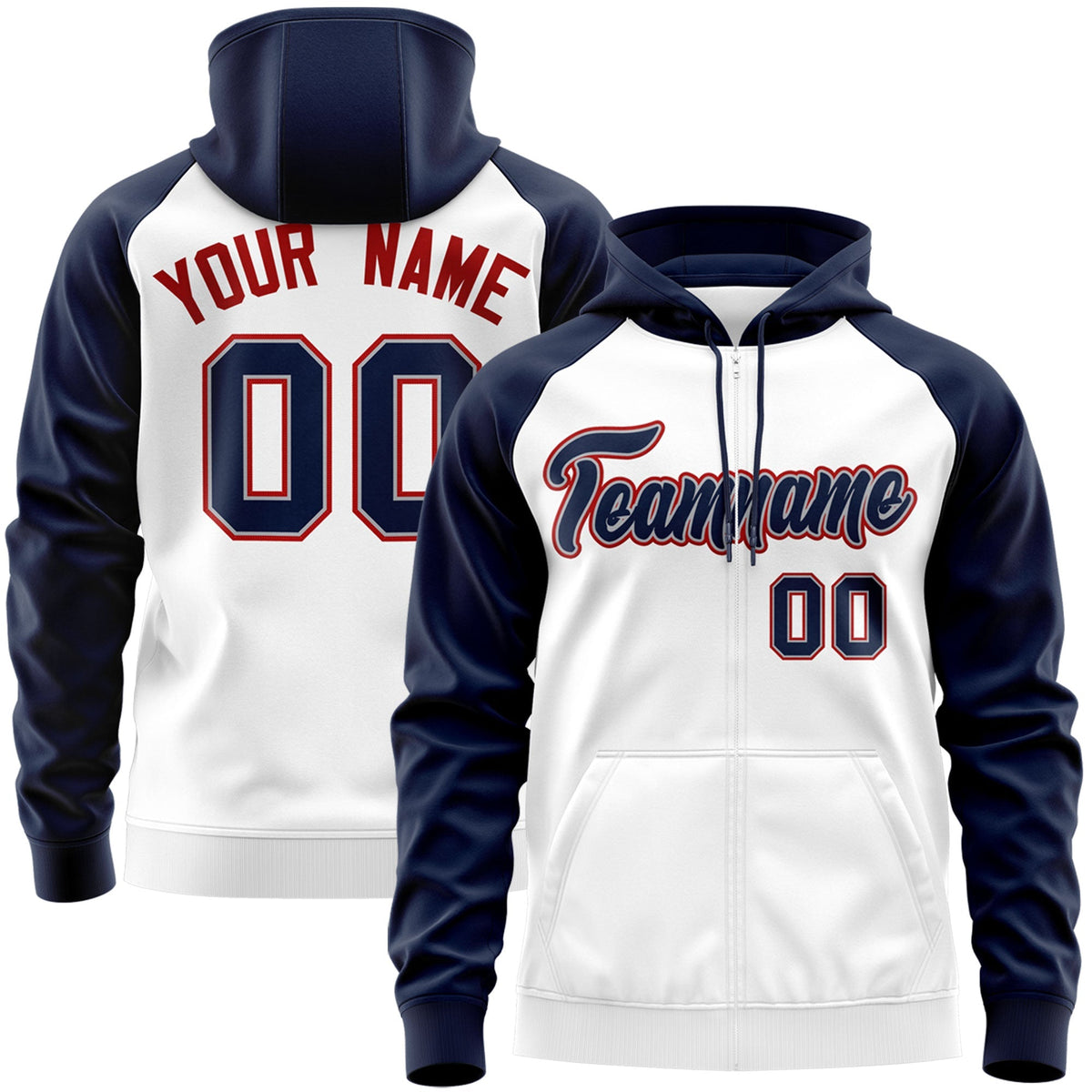 Custom Stitched White Navy-Red Raglan Sleeves Sports Full-Zip Sweatshirt Hoodie| KXKSHOP