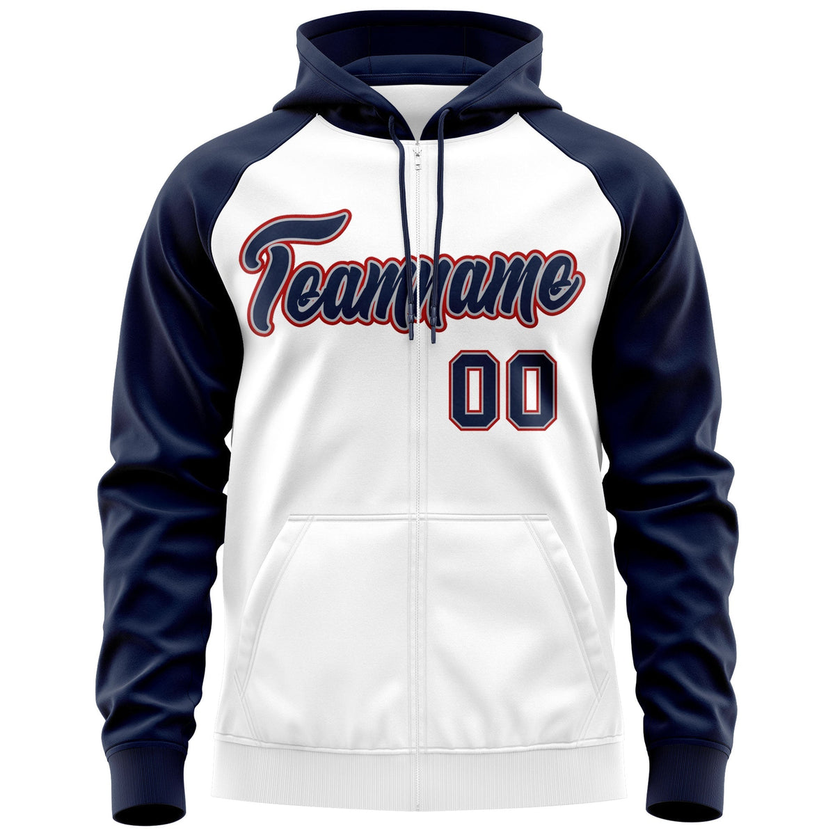 Custom Stitched White Navy-Red Raglan Sleeves Sports Full-Zip Sweatshirt Hoodie| KXKSHOP