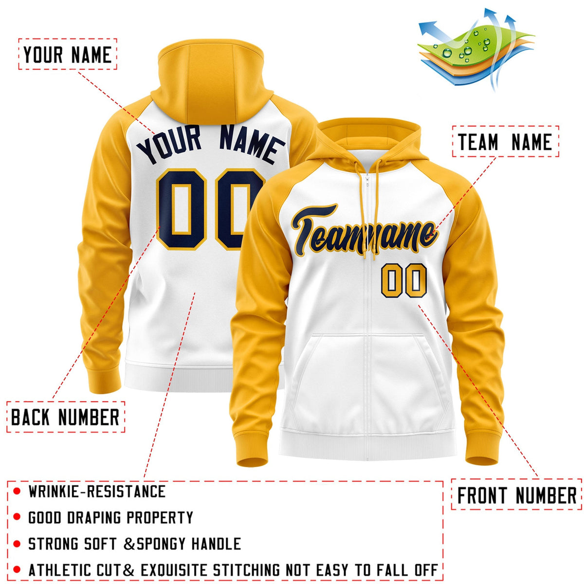 Custom Stitched White Navy-Gold Raglan Sleeves Sports Full-Zip Sweatshirt Hoodie| KXKSHOP