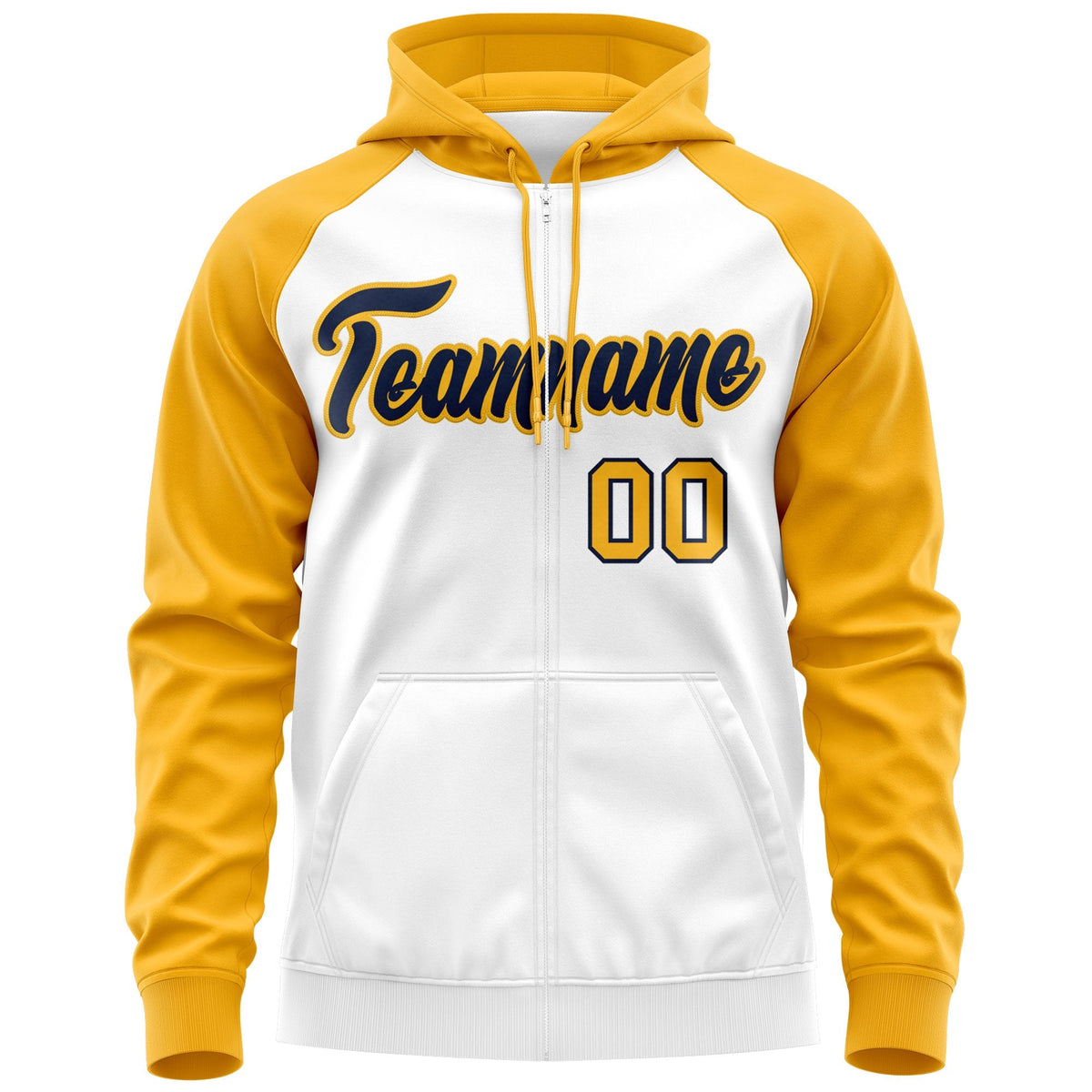 Custom Stitched White Navy-Gold Raglan Sleeves Sports Full-Zip Sweatshirt Hoodie| KXKSHOP