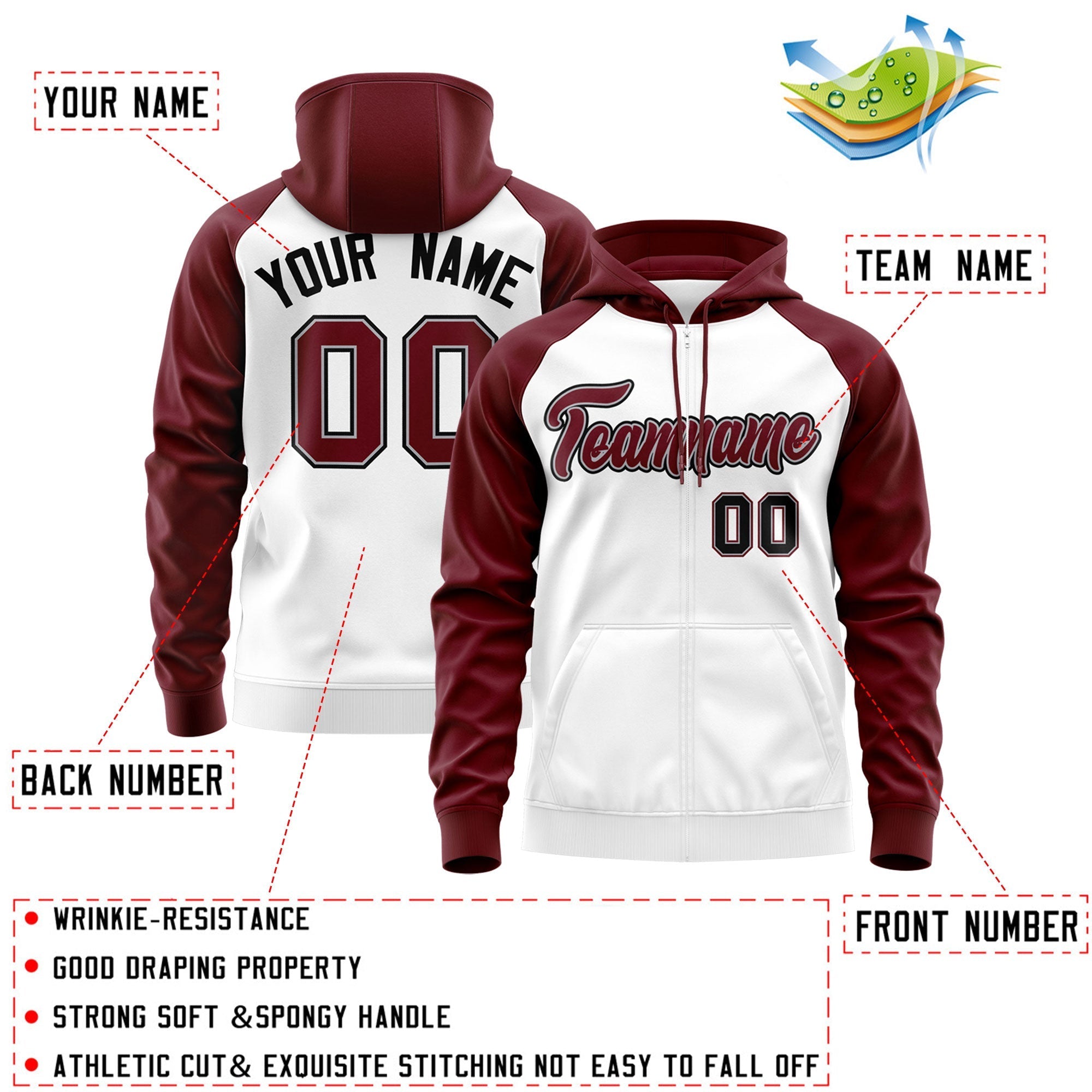 Custom Stitched White Crimson-Black Raglan Sleeves Sports Full-Zip Sweatshirt Hoodie| KXKSHOP