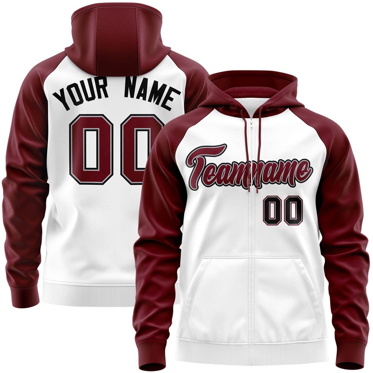 Custom Stitched White Crimson-Black Raglan Sleeves Sports Full-Zip Sweatshirt Hoodie| KXKSHOP