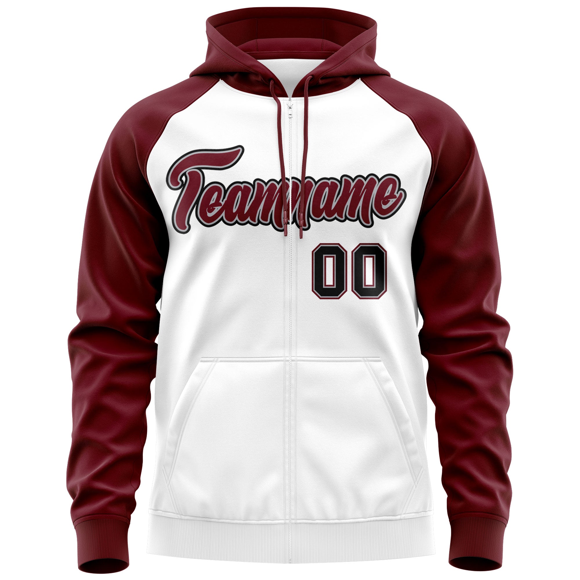 Custom Stitched White Crimson-Black Raglan Sleeves Sports Full-Zip Sweatshirt Hoodie| KXKSHOP