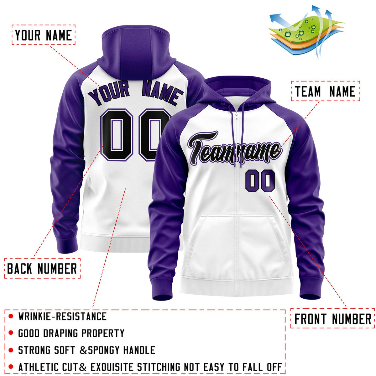 Custom Stitched White Black-Purple Raglan Sleeves Sports Full-Zip Sweatshirt Hoodie| KXKSHOP