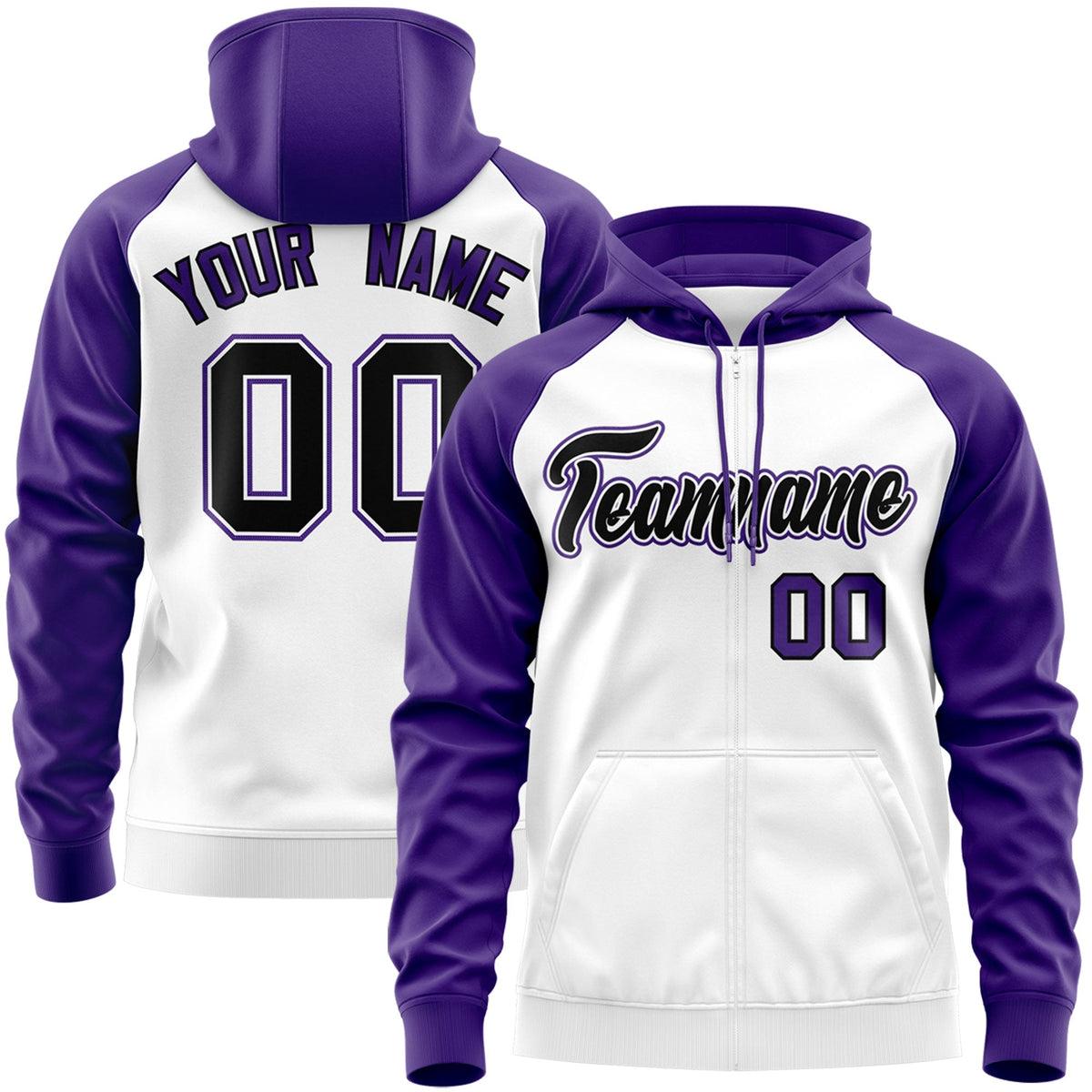 Custom Stitched White Black-Purple Raglan Sleeves Sports Full-Zip Sweatshirt Hoodie| KXKSHOP