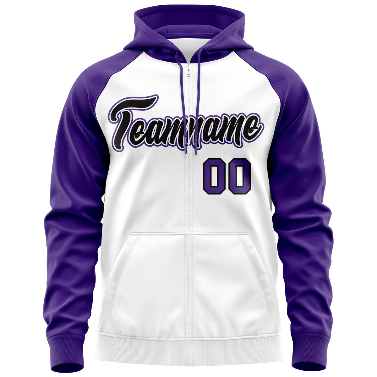 Custom Stitched White Black-Purple Raglan Sleeves Sports Full-Zip Sweatshirt Hoodie| KXKSHOP