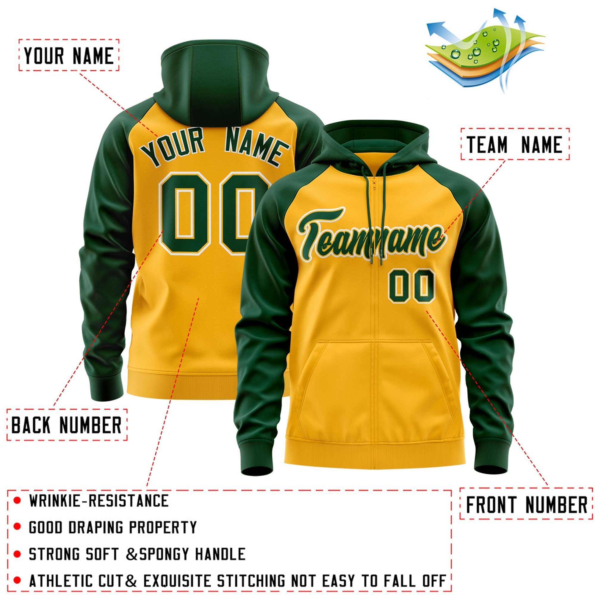 Custom Stitched Gold Green-White Raglan Sleeves Sports Full-Zip Sweatshirt Hoodie| KXKSHOP