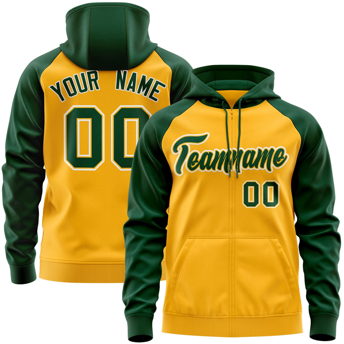 Custom Stitched Gold Green-White Raglan Sleeves Sports Full-Zip Sweatshirt Hoodie| KXKSHOP
