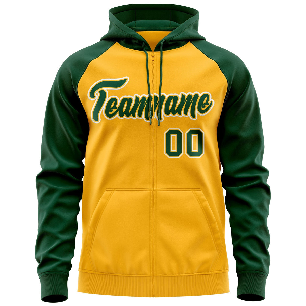 Custom Stitched Gold Green-White Raglan Sleeves Sports Full-Zip Sweatshirt Hoodie| KXKSHOP