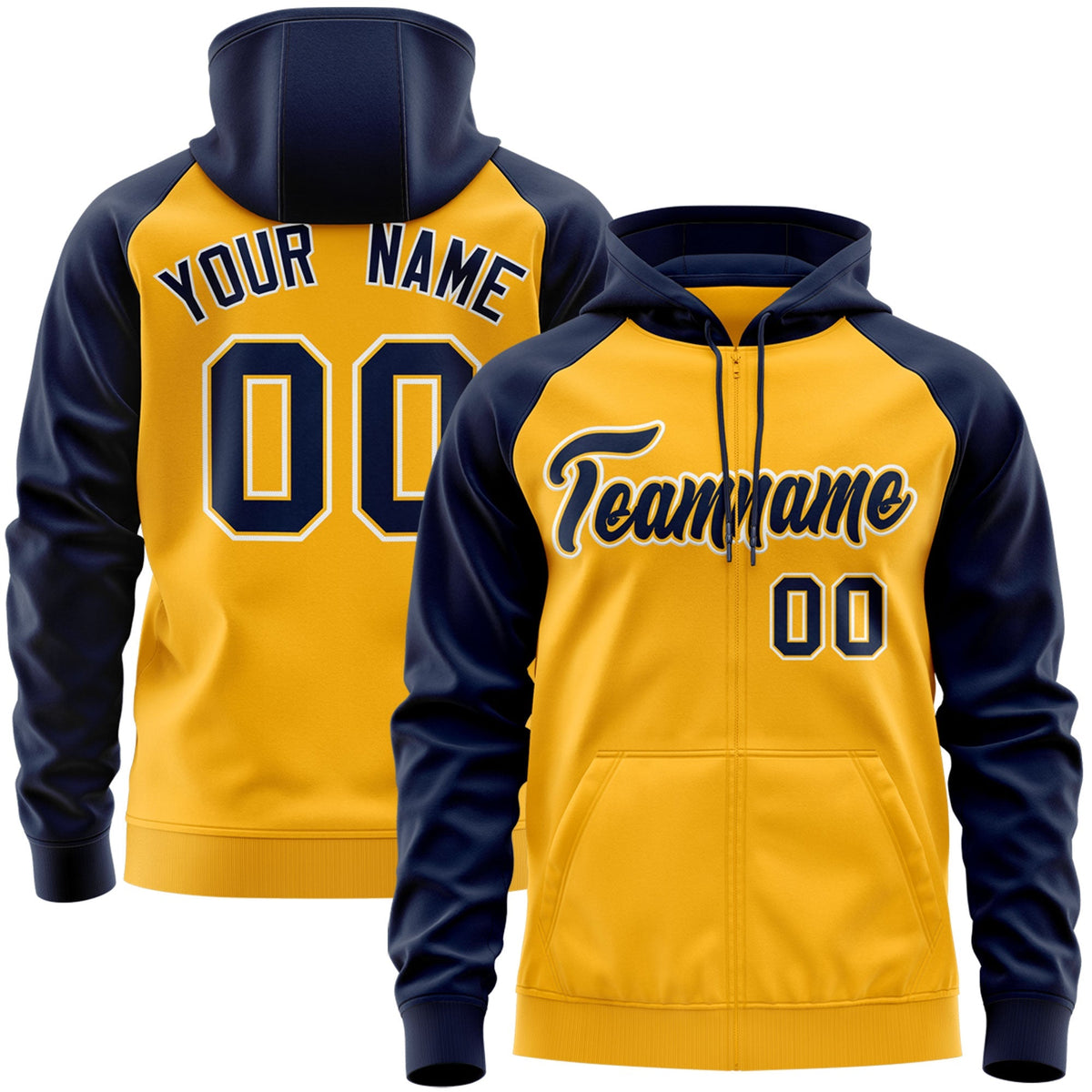 Custom Stitched Gold Navy-White Raglan Sleeves Sports Full-Zip Sweatshirt Hoodie| KXKSHOP