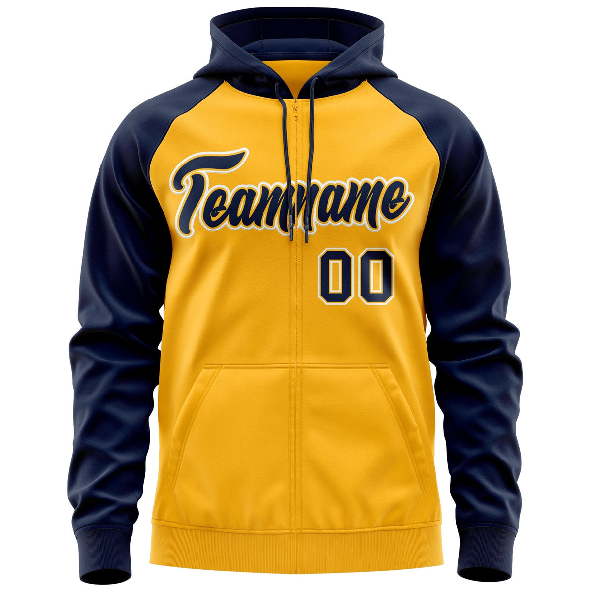 Custom Stitched Gold Navy-White Raglan Sleeves Sports Full-Zip Sweatshirt Hoodie| KXKSHOP