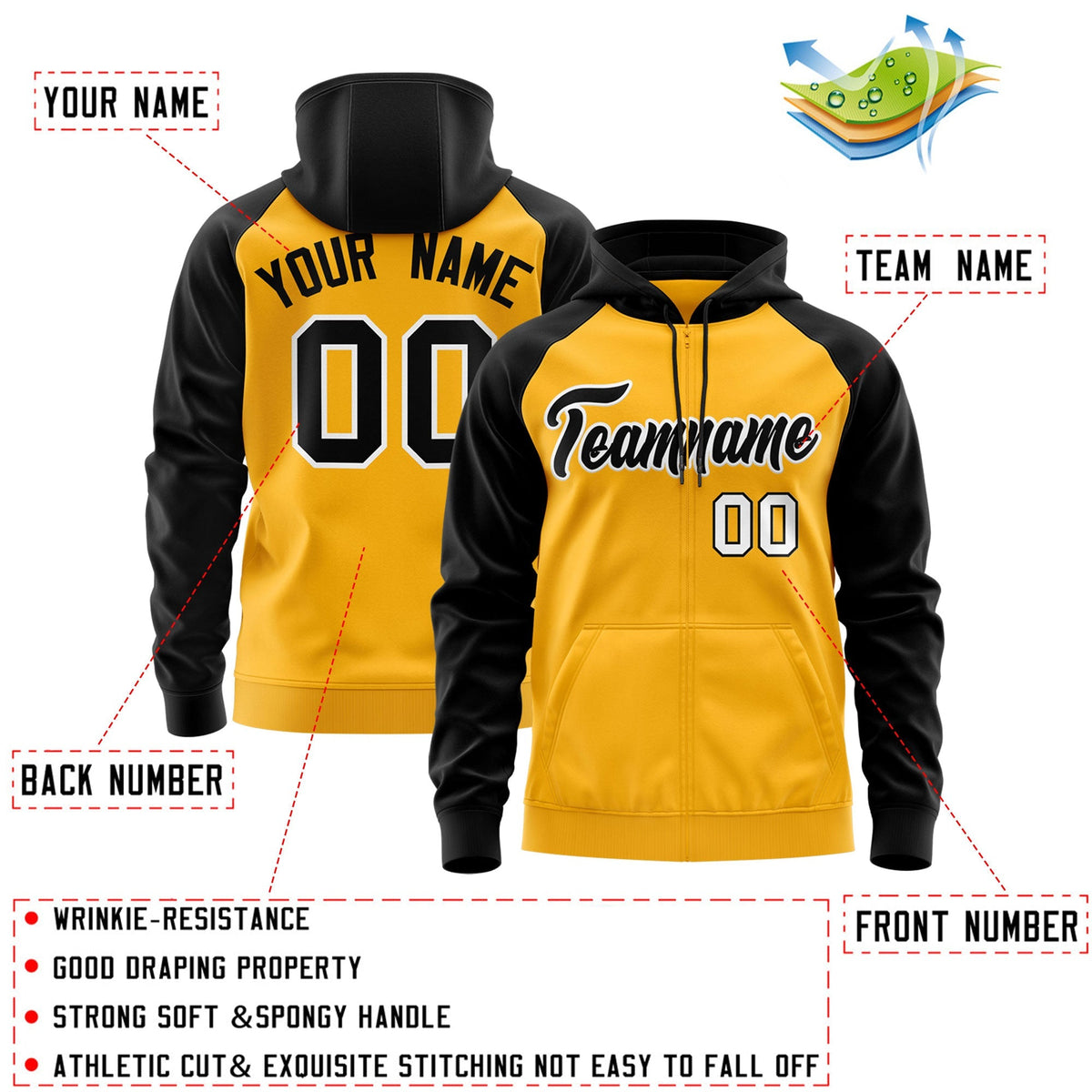 Custom Stitched Gold Black-White Raglan Sleeves Sports Full-Zip Sweatshirt Hoodie| KXKSHOP
