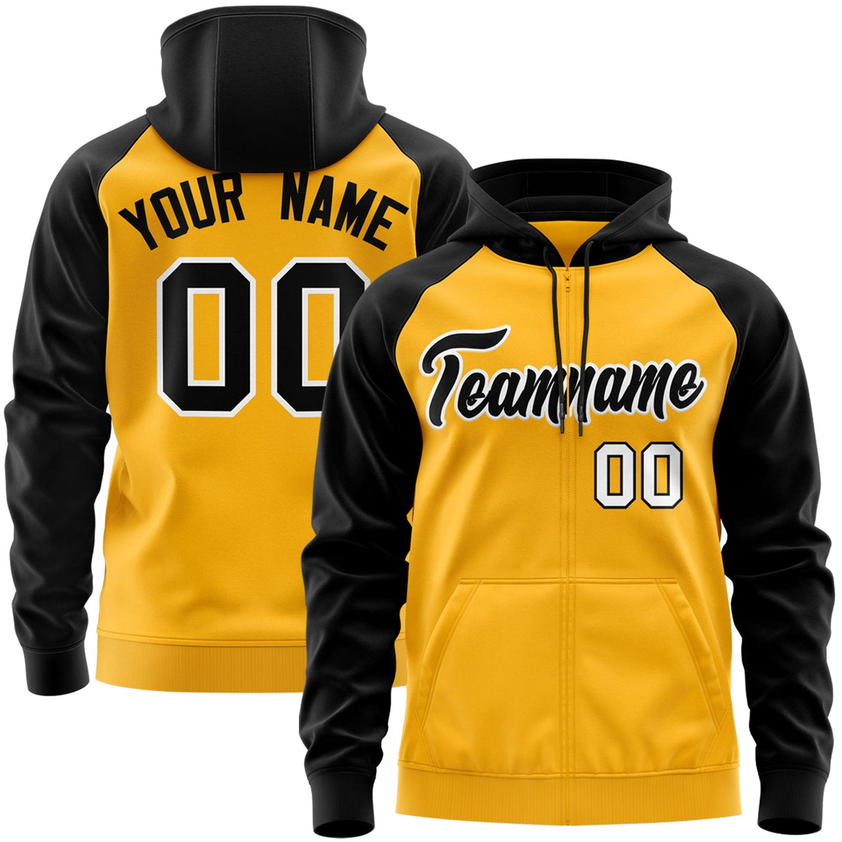Custom Stitched Gold Black-White Raglan Sleeves Sports Full-Zip Sweatshirt Hoodie| KXKSHOP