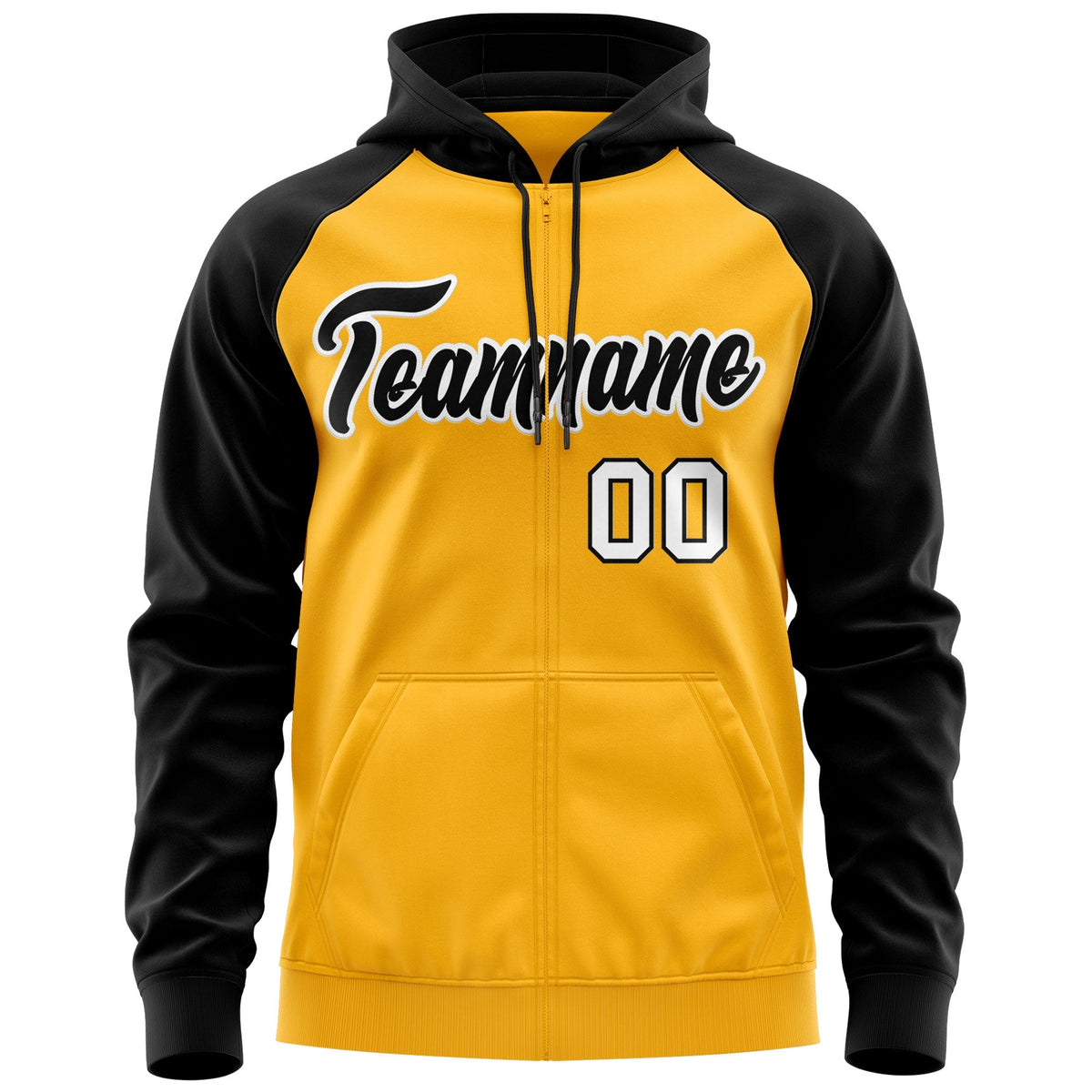 Custom Stitched Gold Black-White Raglan Sleeves Sports Full-Zip Sweatshirt Hoodie| KXKSHOP
