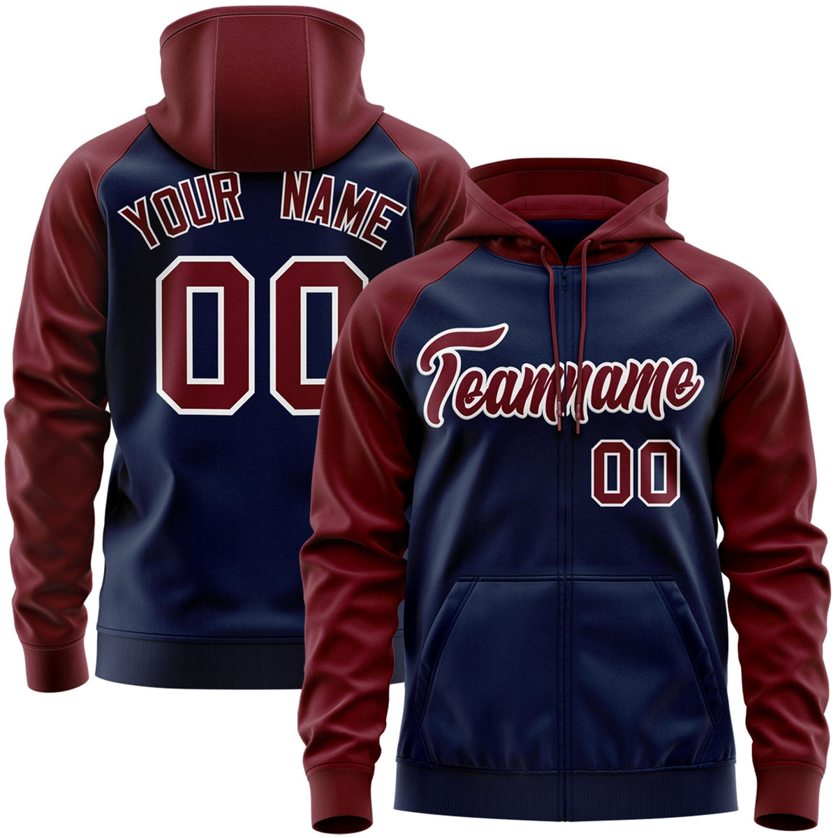 Custom Stitched Navy Crimson-White Raglan Sleeves Sports Full-Zip Sweatshirt Hoodie| KXKSHOP