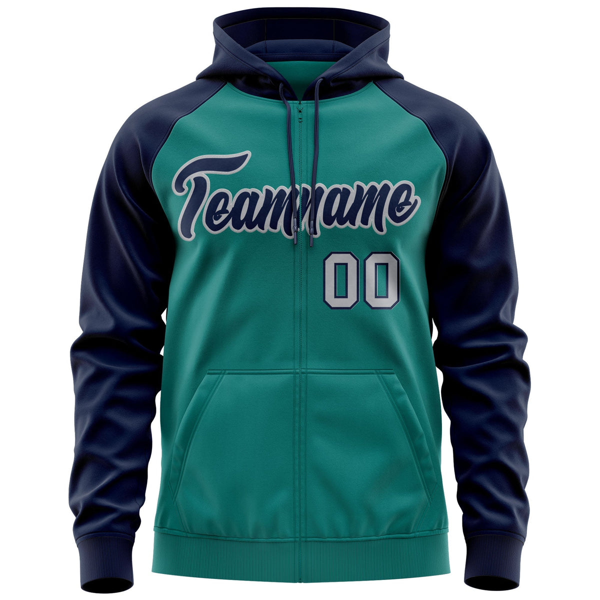 Custom Stitched Aqua Navy-Gray Raglan Sleeves Sports Full-Zip Sweatshirt Hoodie| KXKSHOP