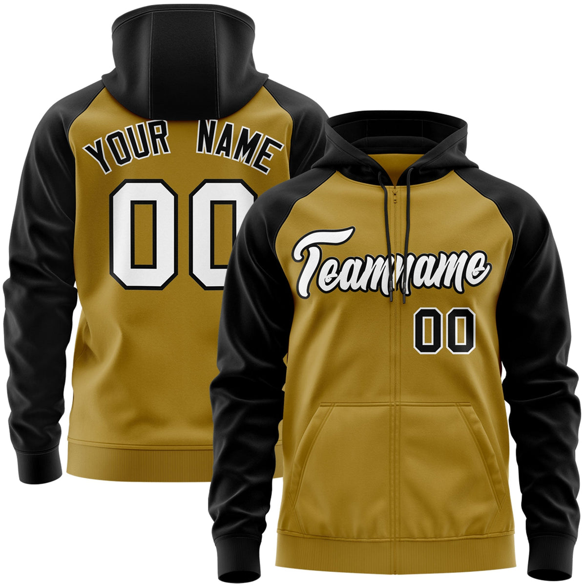 Custom Stitched Old Gold White-Black Raglan Sleeves Sports Full-Zip Sweatshirt Hoodie| KXKSHOP