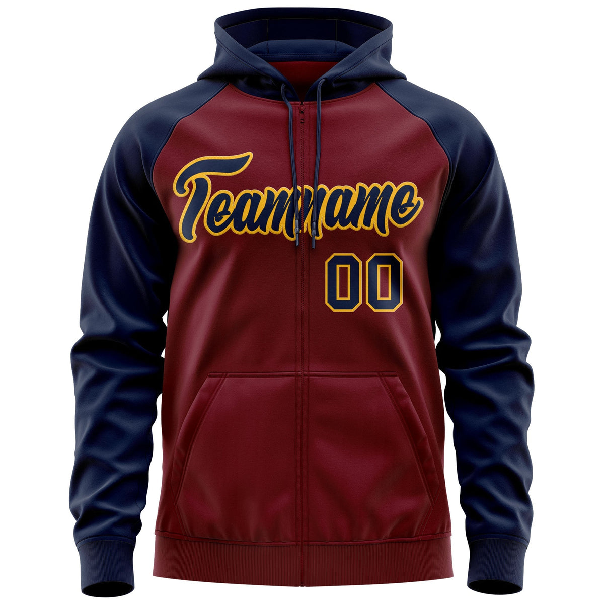 Custom Stitched Crimson Navy-Gold Raglan Sleeves Sports Full-Zip Sweatshirt Hoodie| KXKSHOP