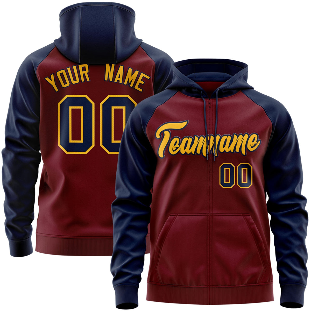 Custom Stitched Crimson Gold-Navy Raglan Sleeves Sports Full-Zip Sweatshirt Hoodie| KXKSHOP