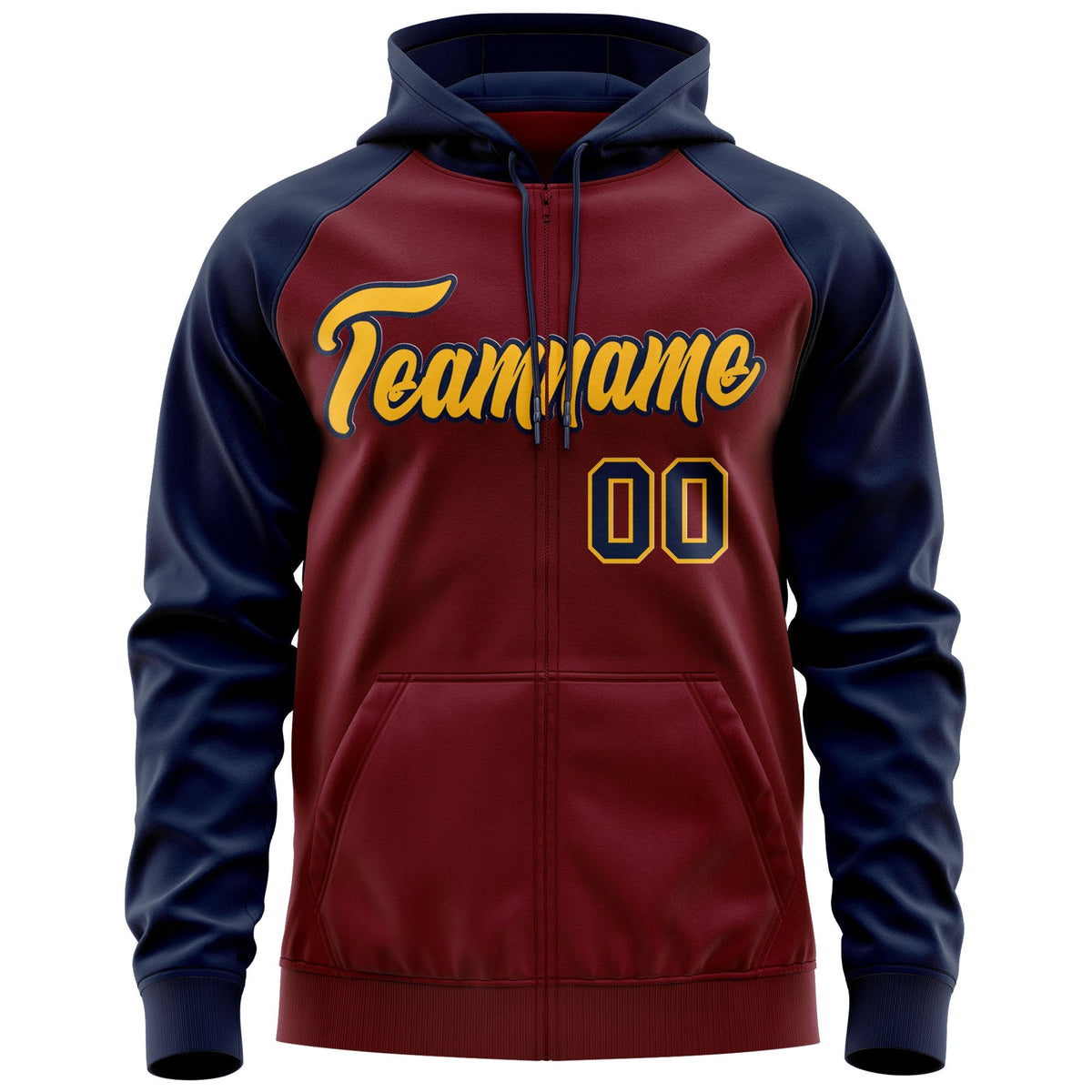 Custom Stitched Crimson Gold-Navy Raglan Sleeves Sports Full-Zip Sweatshirt Hoodie| KXKSHOP