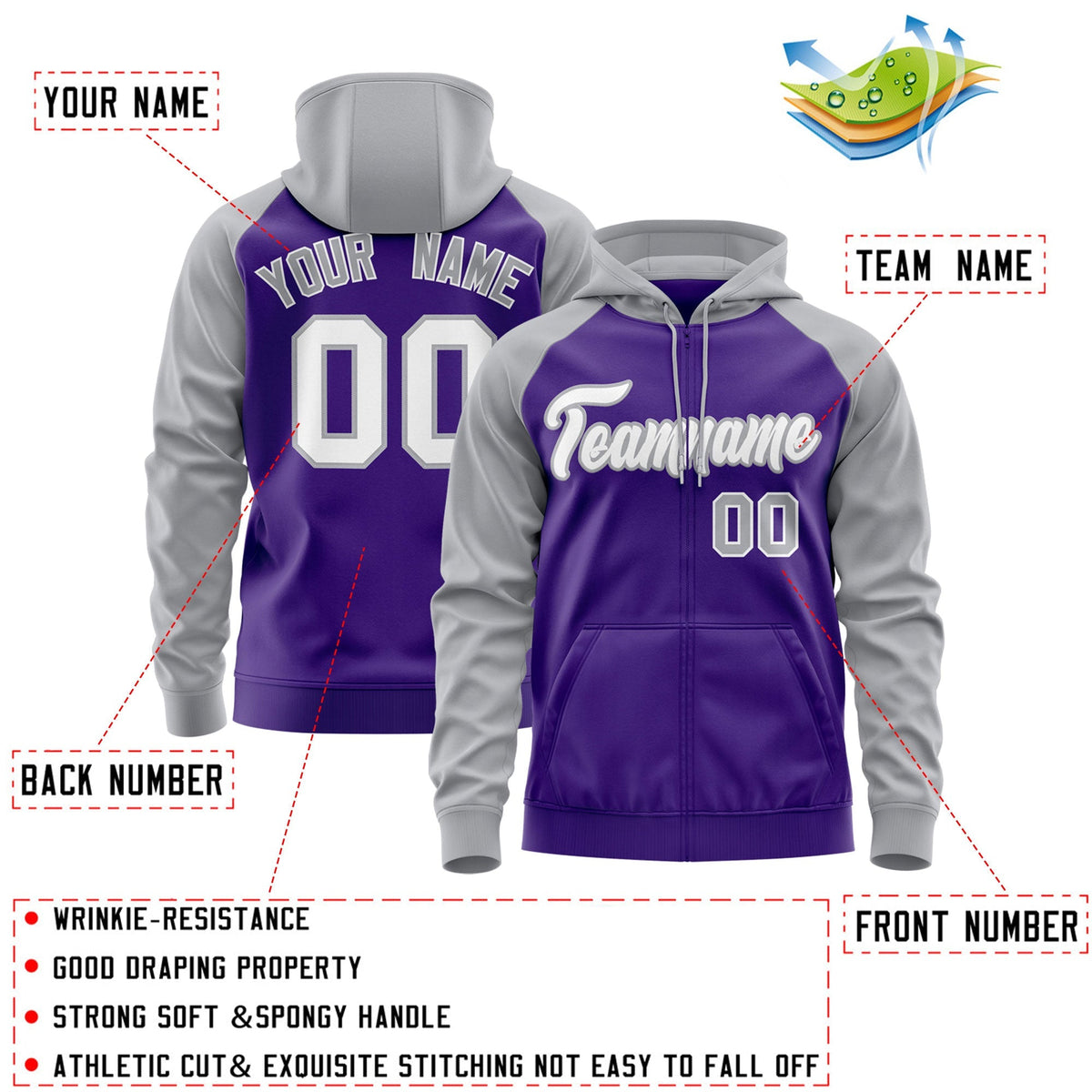 Custom Stitched Purple White-Gray Raglan Sleeves Sports Full-Zip Sweatshirt Hoodie| KXKSHOP