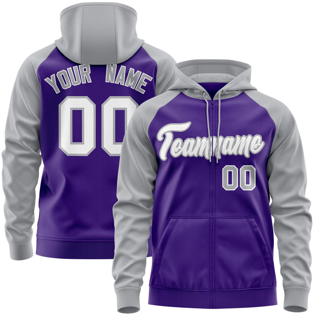 Custom Stitched Purple White-Gray Raglan Sleeves Sports Full-Zip Sweatshirt Hoodie| KXKSHOP