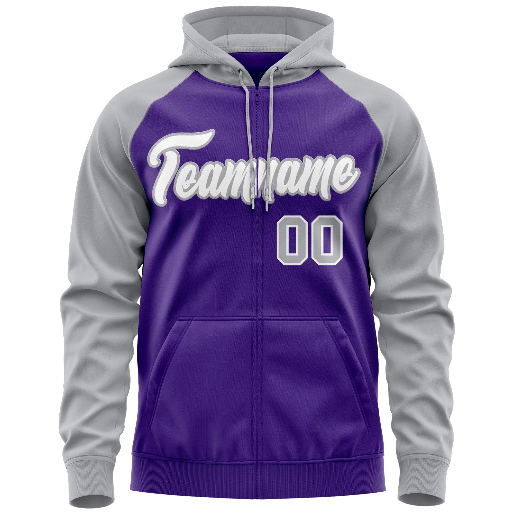 Custom Stitched Purple White-Gray Raglan Sleeves Sports Full-Zip Sweatshirt Hoodie| KXKSHOP