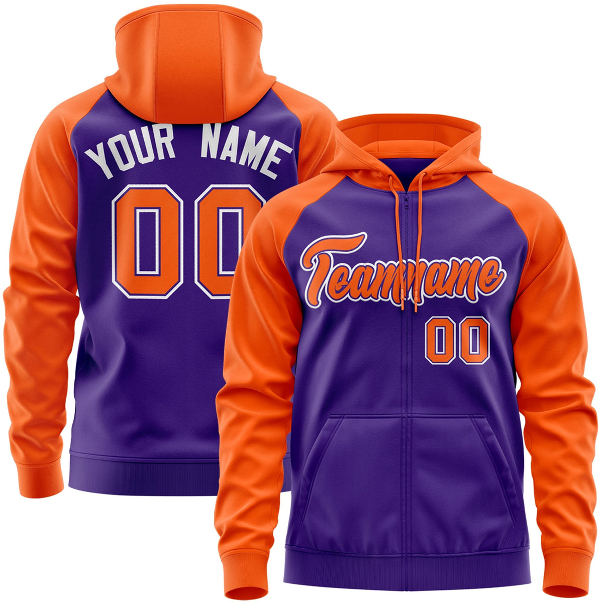 Custom Stitched Purple Orange Raglan Sleeves Sports Full-Zip Sweatshirt Hoodie| KXKSHOP
