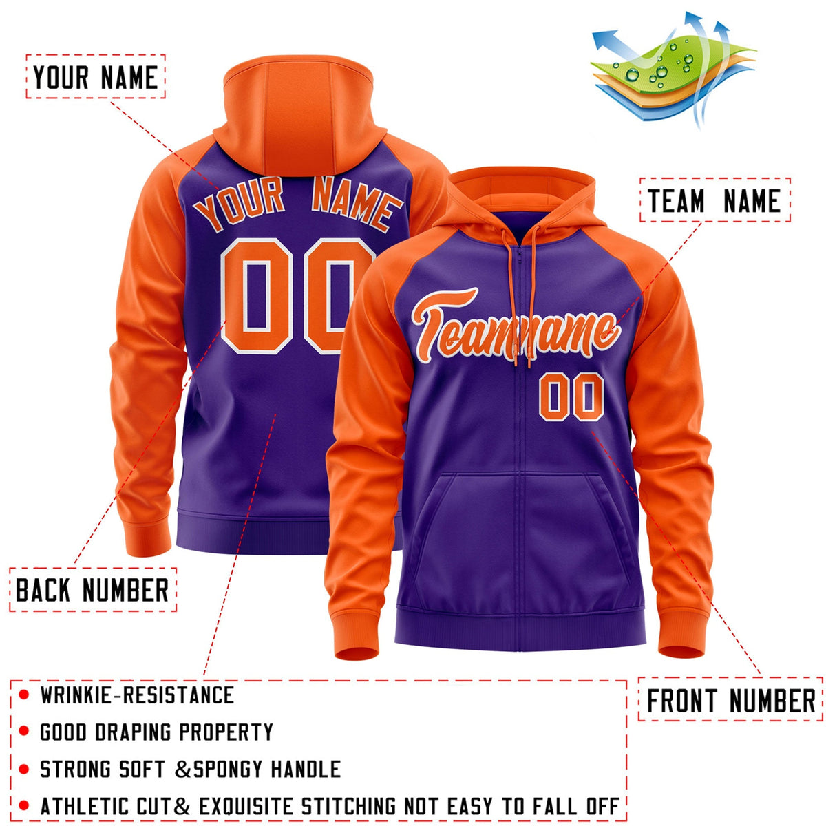 Custom Stitched Purple Orange Raglan Sleeves Sports Full-Zip Sweatshirt Hoodie| KXKSHOP