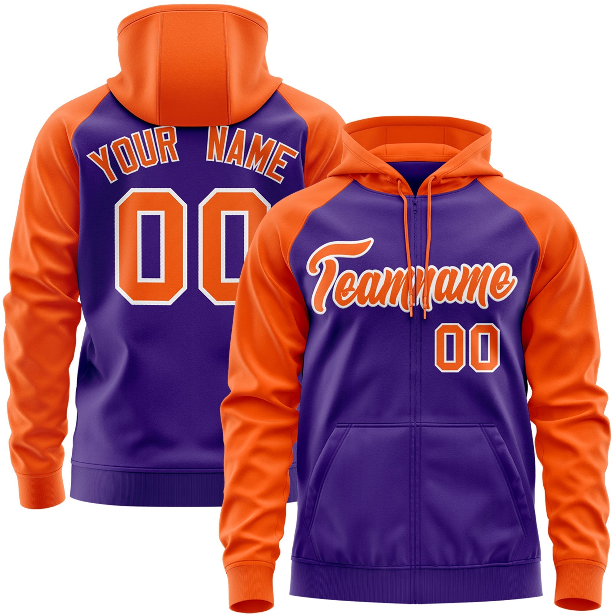 Custom Stitched Purple Orange Raglan Sleeves Sports Full-Zip Sweatshirt Hoodie| KXKSHOP