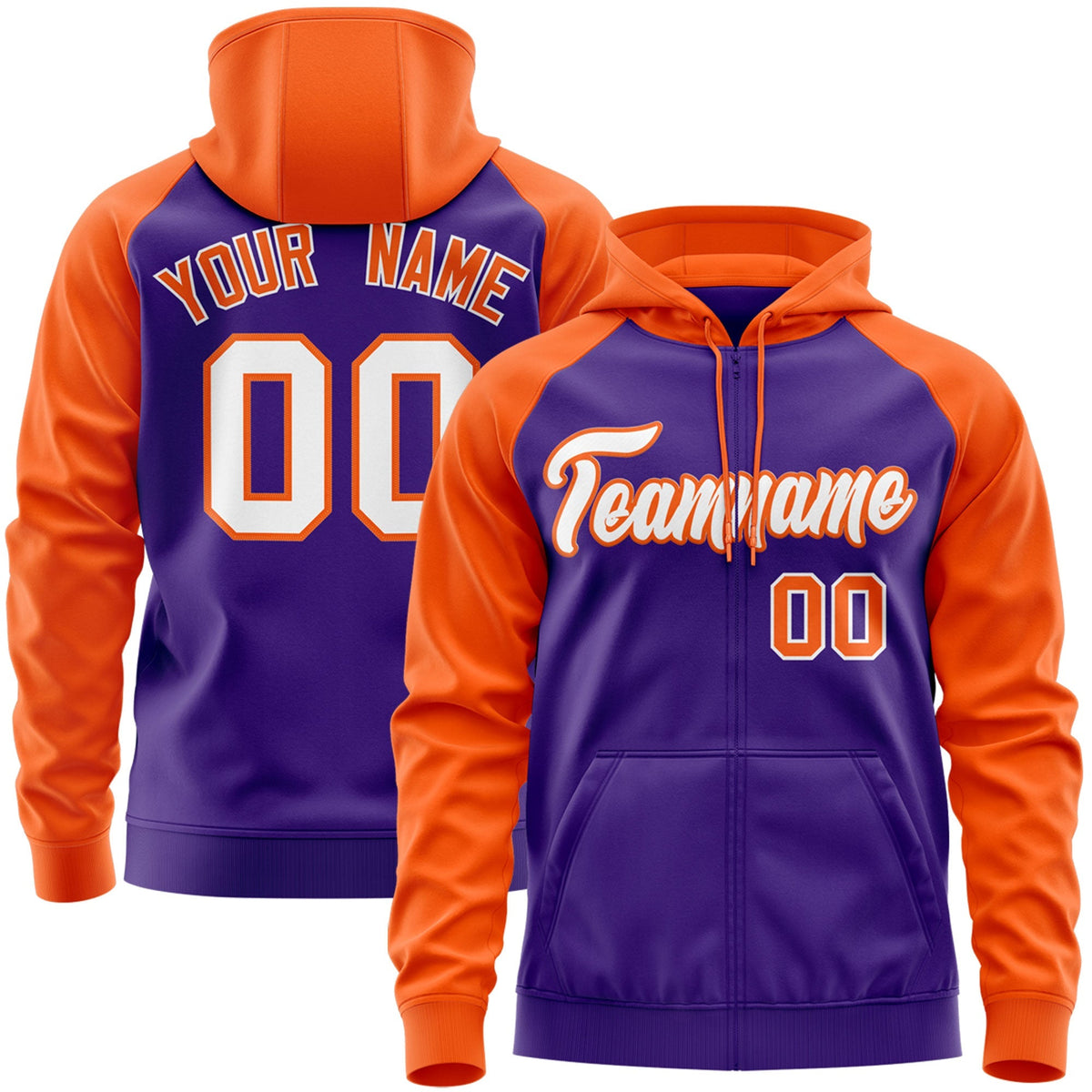 Custom Stitched Purple Orange Raglan Sleeves Sports Full-Zip Sweatshirt Hoodie| KXKSHOP