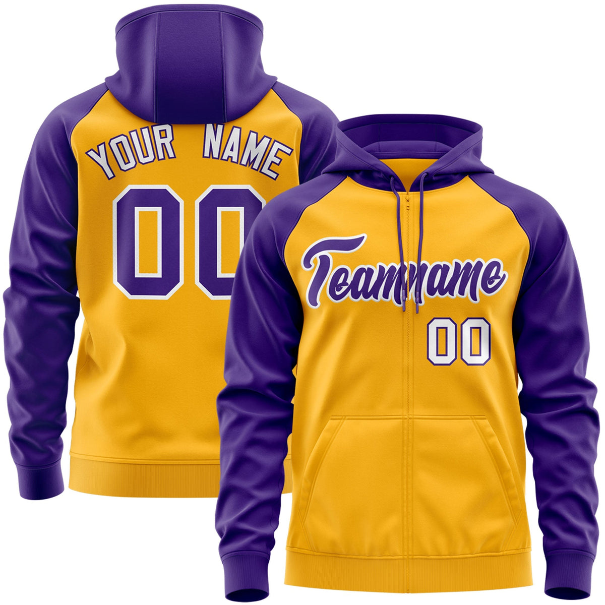 Custom Stitched Gold Purple-White Raglan Sleeves Sports Full-Zip Sweatshirt Hoodie| KXKSHOP