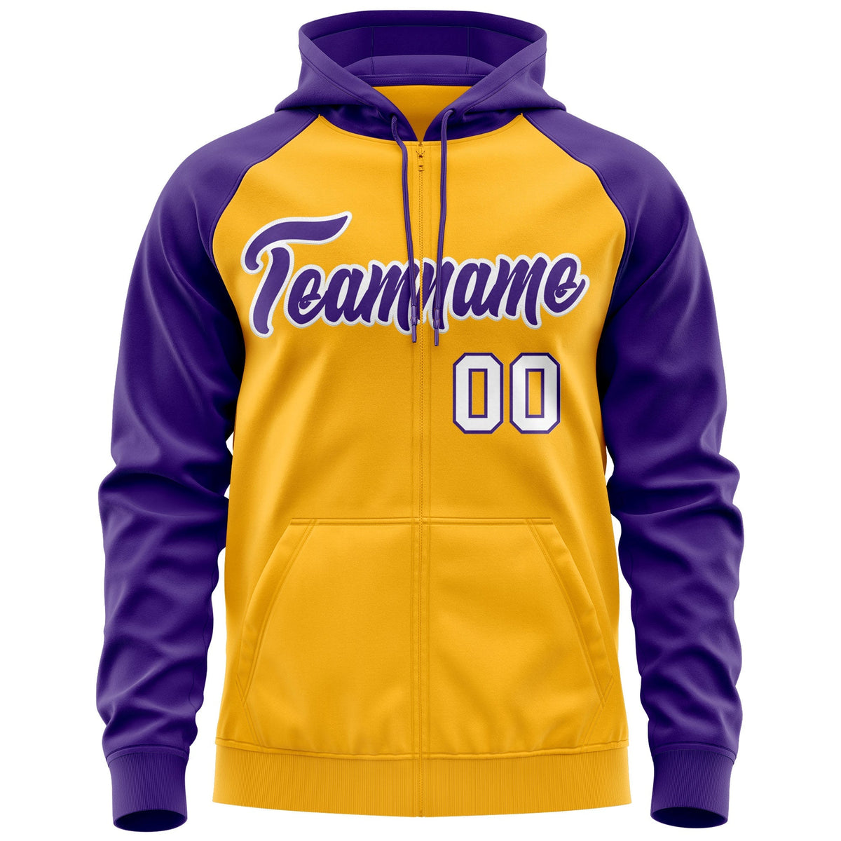 Custom Stitched Gold Purple-White Raglan Sleeves Sports Full-Zip Sweatshirt Hoodie| KXKSHOP