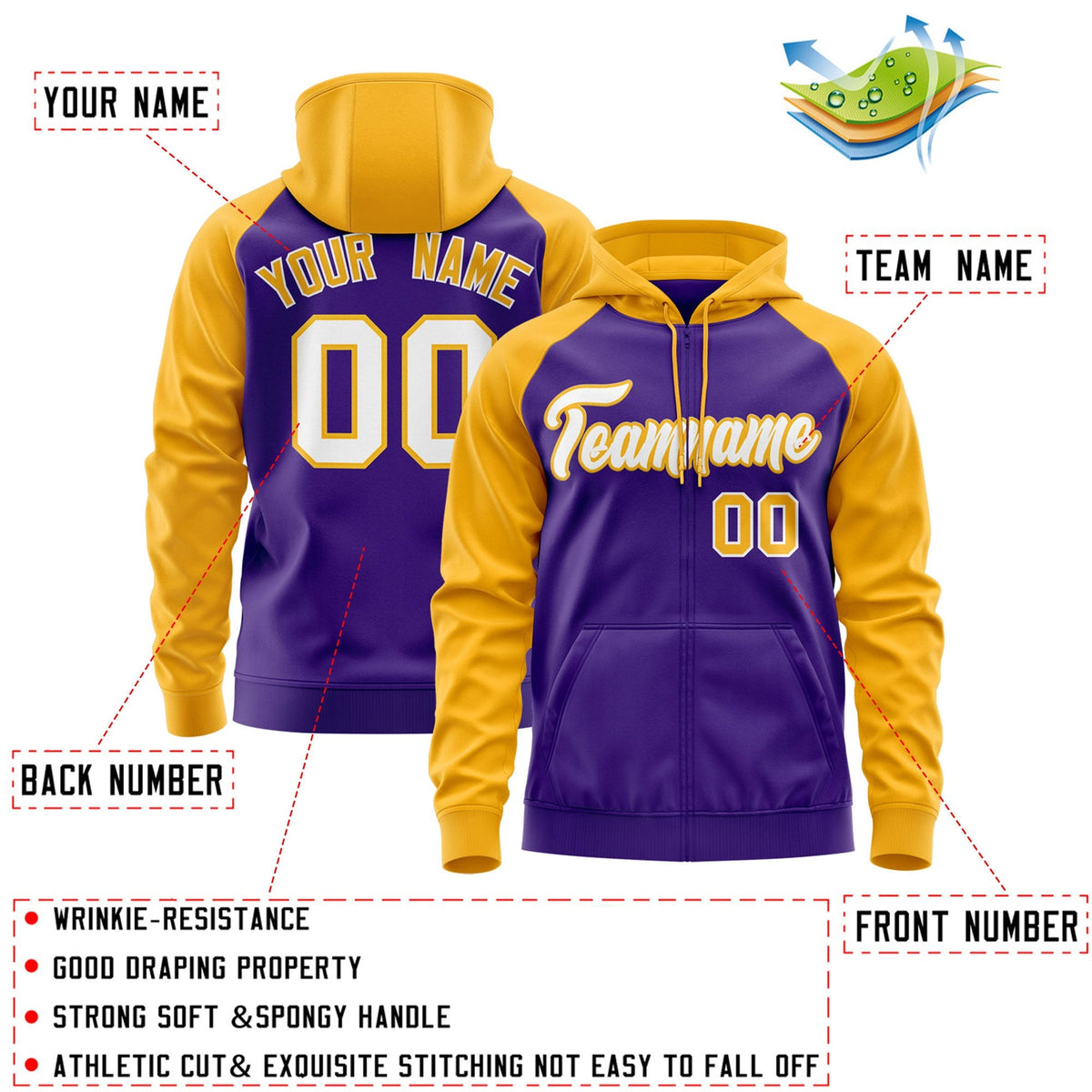 Custom Stitched Purple Gold Raglan Sleeves Sports Full-Zip Sweatshirt Hoodie| KXKSHOP