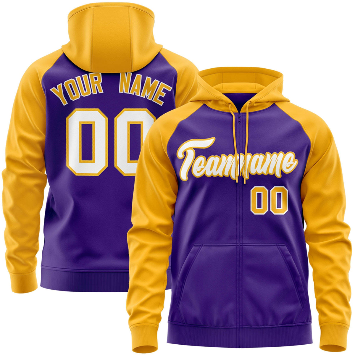 Custom Stitched Purple Gold Raglan Sleeves Sports Full-Zip Sweatshirt Hoodie| KXKSHOP