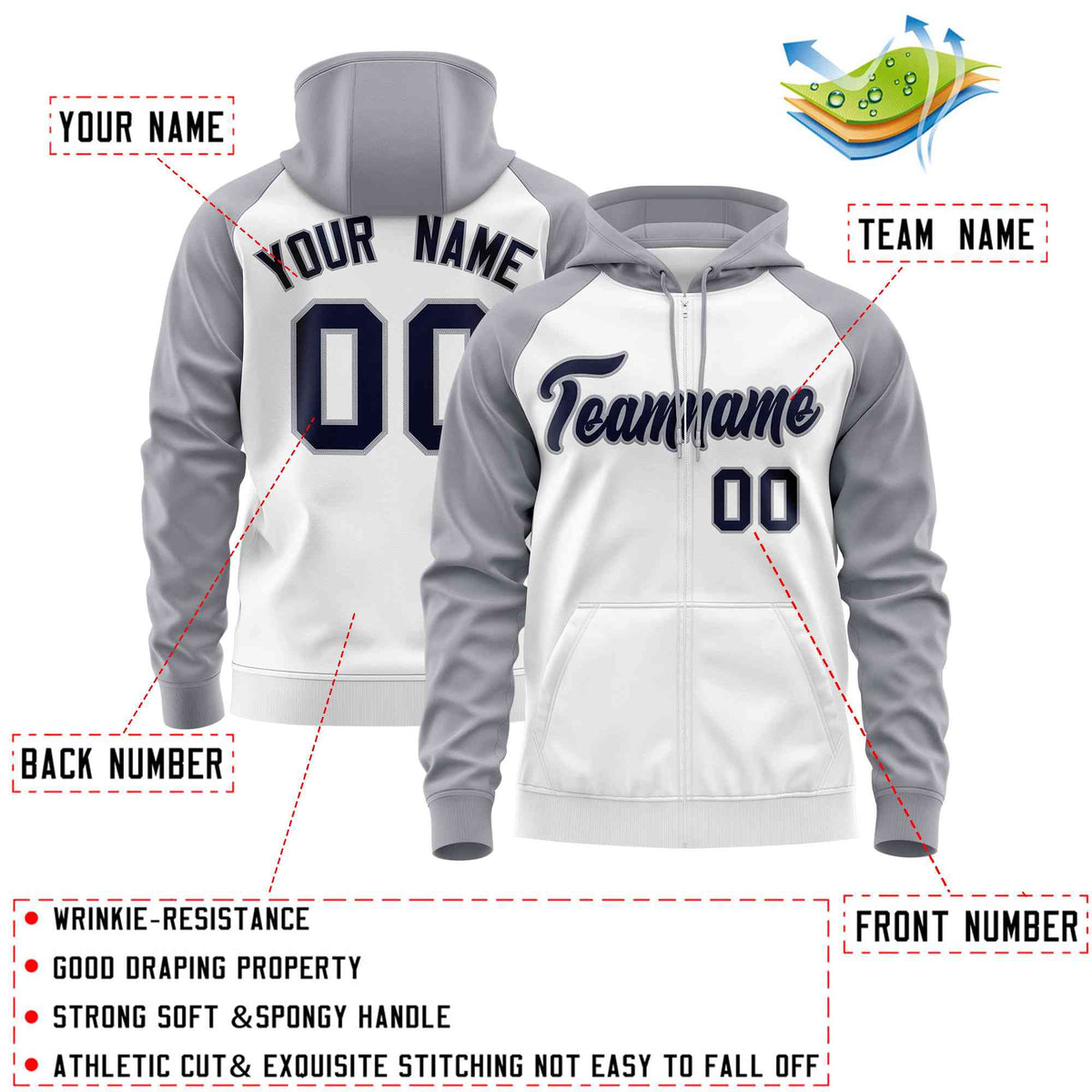 Custom Stitched White Light Gray-Navy Raglan Sleeves Sports Full-Zip Sweatshirt Hoodie| KXKSHOP