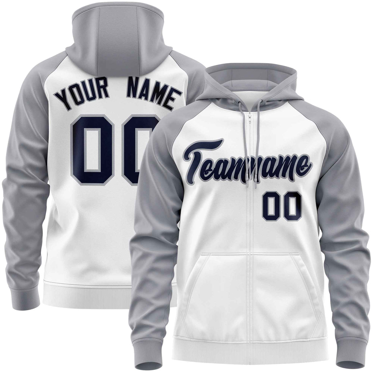 Custom Stitched White Light Gray-Navy Raglan Sleeves Sports Full-Zip Sweatshirt Hoodie| KXKSHOP