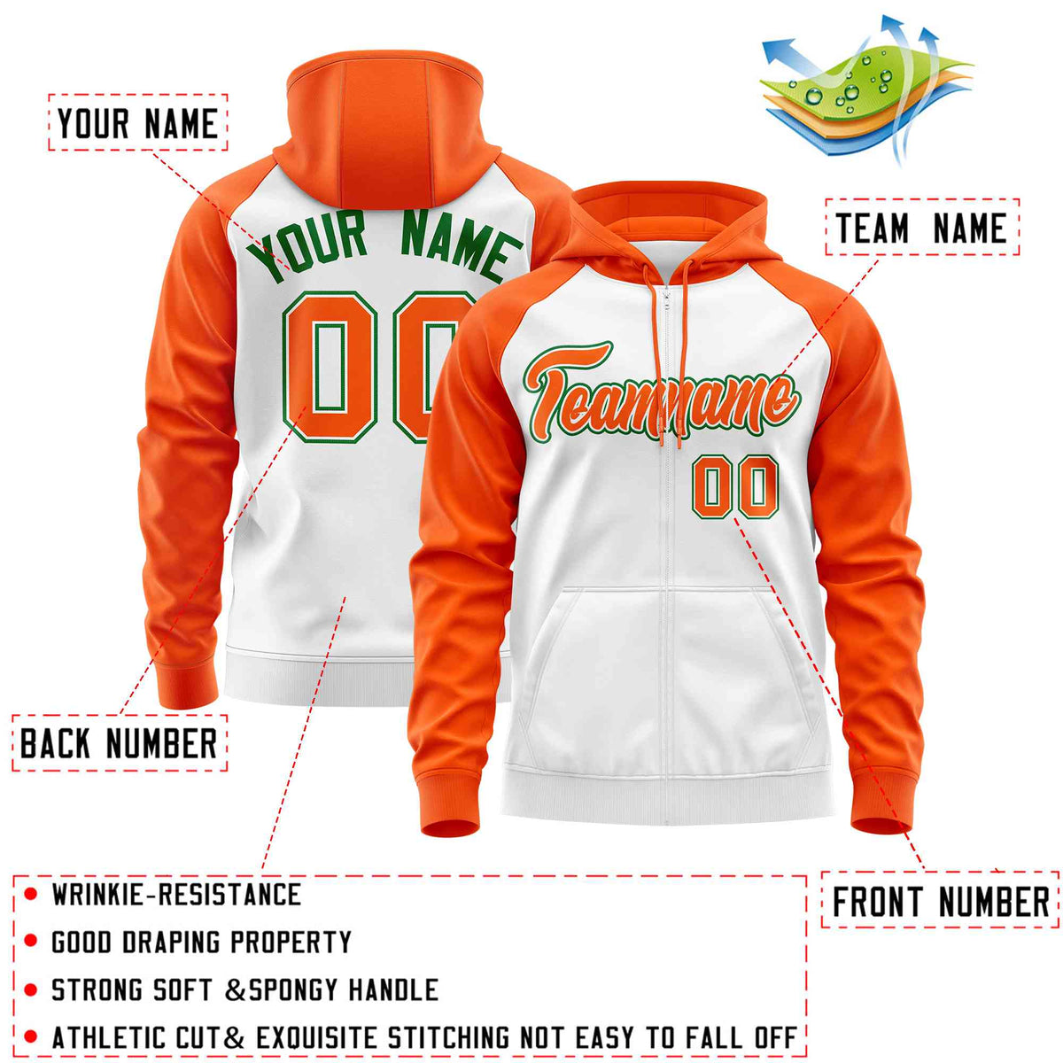 Custom Stitched White Orange Raglan Sleeves Sports Full-Zip Sweatshirt Hoodie| KXKSHOP