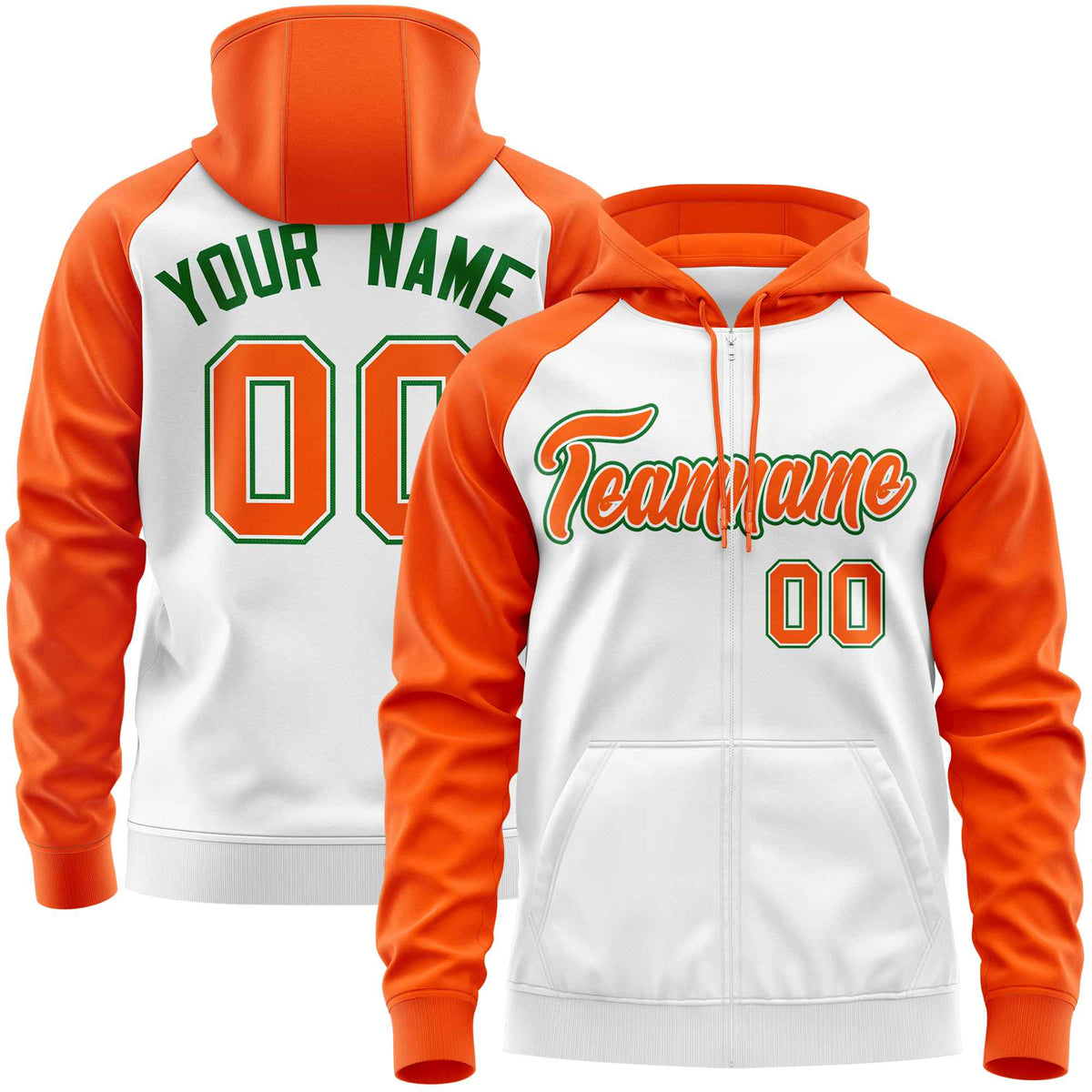 Custom Stitched White Orange Raglan Sleeves Sports Full-Zip Sweatshirt Hoodie| KXKSHOP