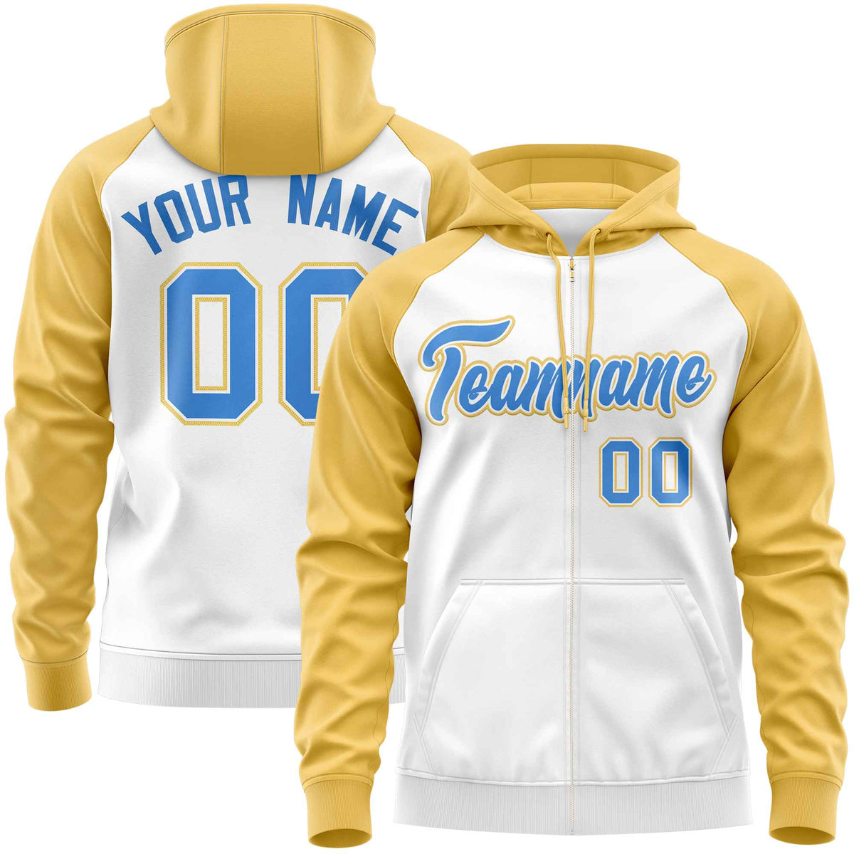 Custom Stitched White Yellow-Powder Blue Raglan Sleeves Sports Full-Zip Sweatshirt Hoodie| KXKSHOP