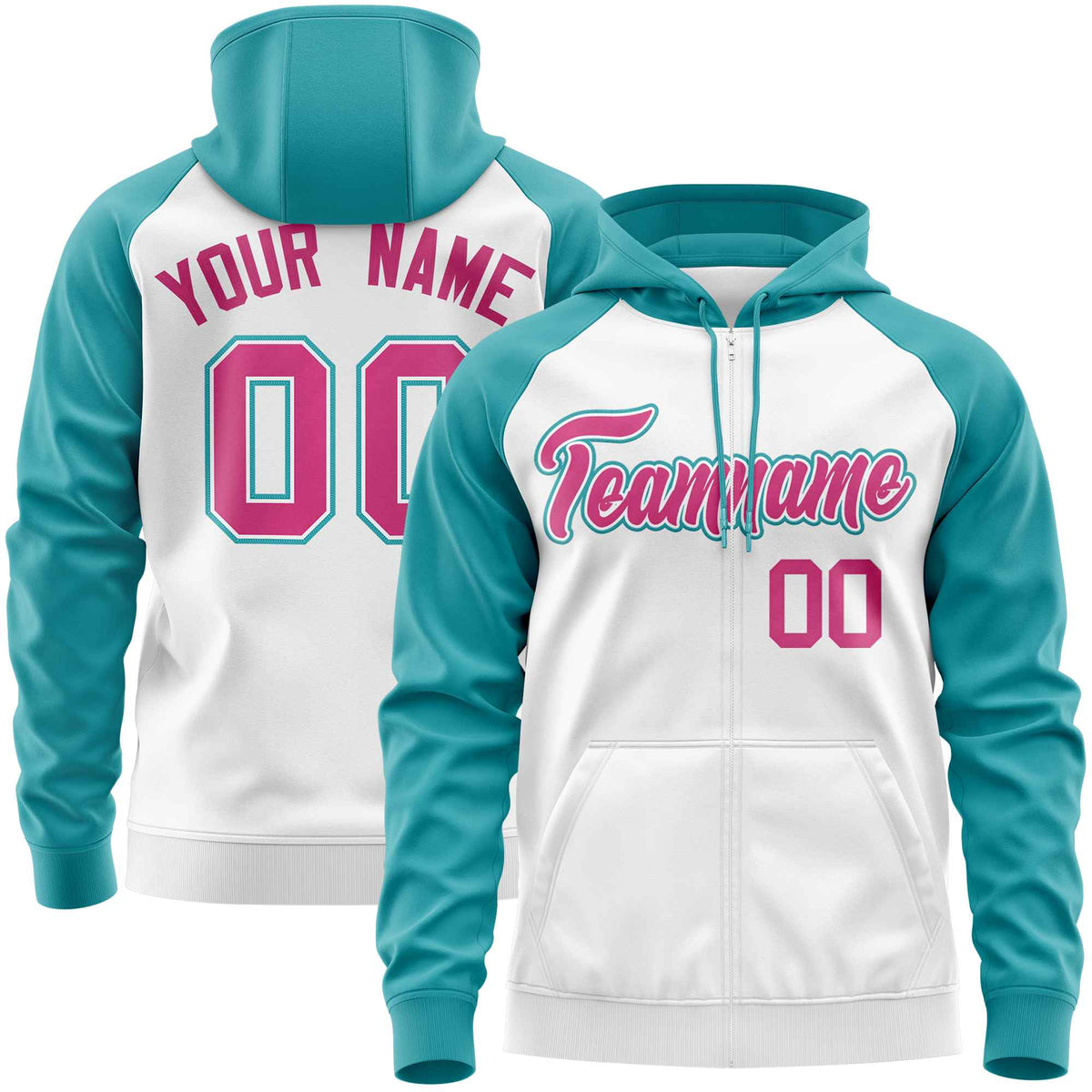 Custom Stitched White Aqua-Rose Red Raglan Sleeves Sports Full-Zip Sweatshirt Hoodie| KXKSHOP