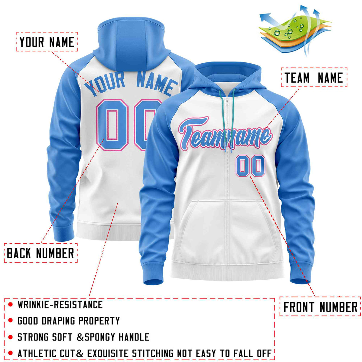 Custom Stitched White Powder Blue Raglan Sleeves Sports Full-Zip Sweatshirt Hoodie| KXKSHOP