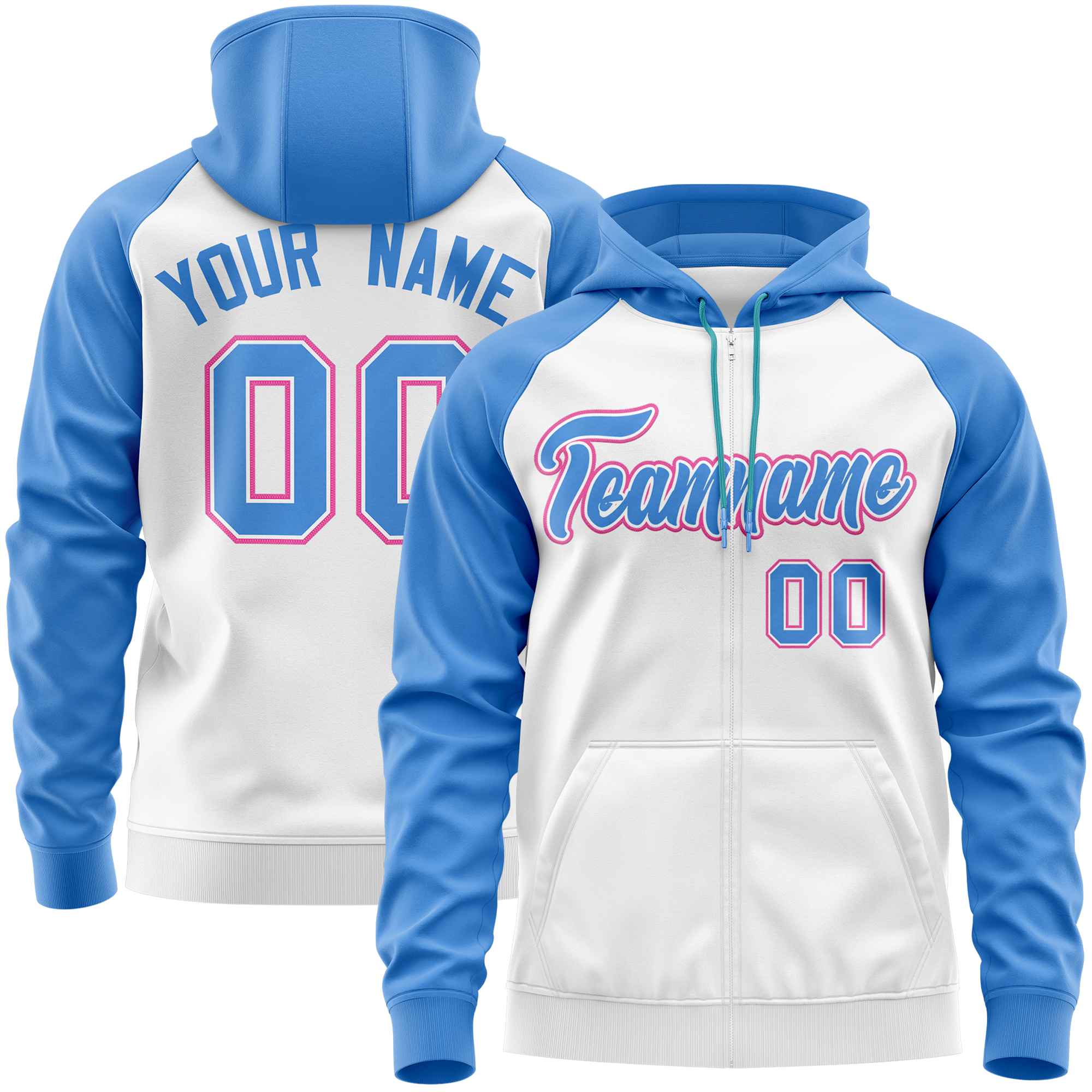 Custom Stitched White Powder Blue Raglan Sleeves Sports Full-Zip Sweatshirt Hoodie| KXKSHOP